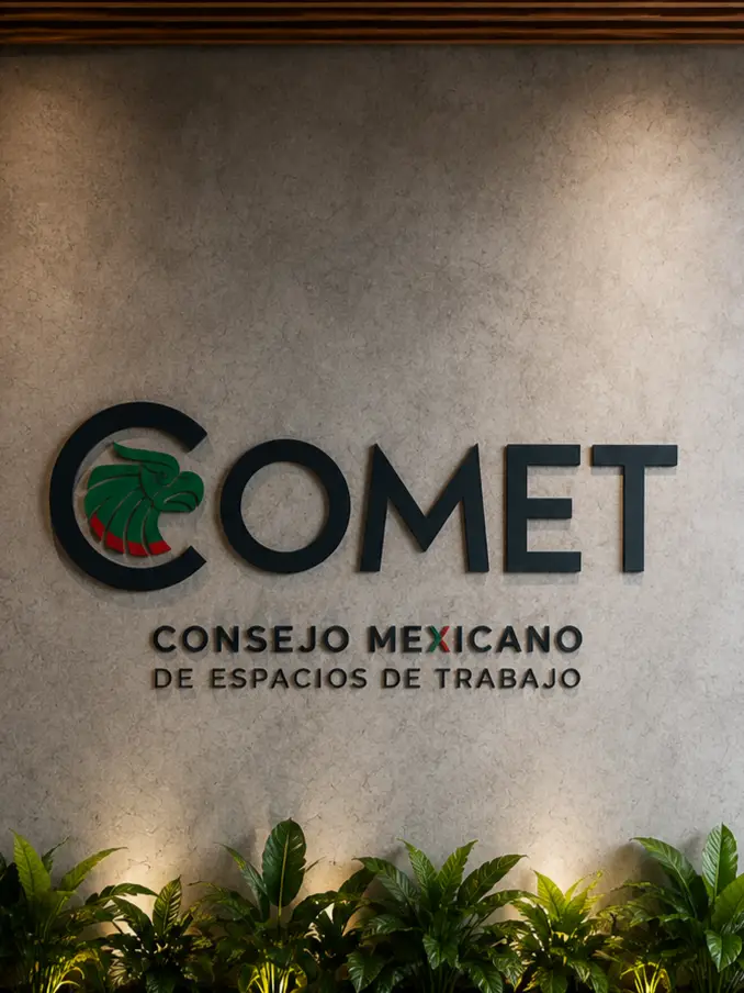 Logo de COMET, Consejo Mexicano de Espacios de Trabajo, en muro institucional