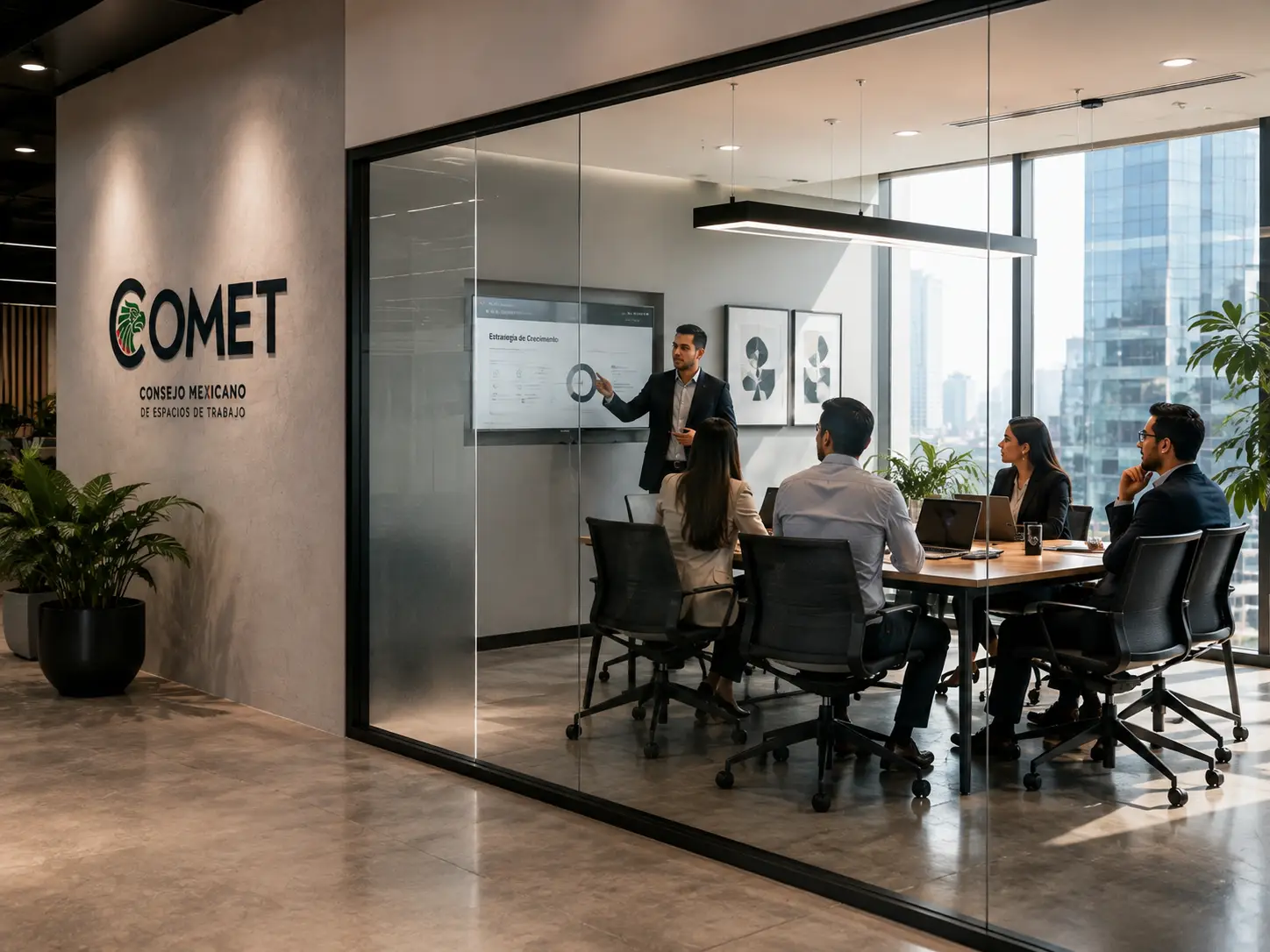 Equipo profesional en reunión dentro de un espacio de trabajo COMET