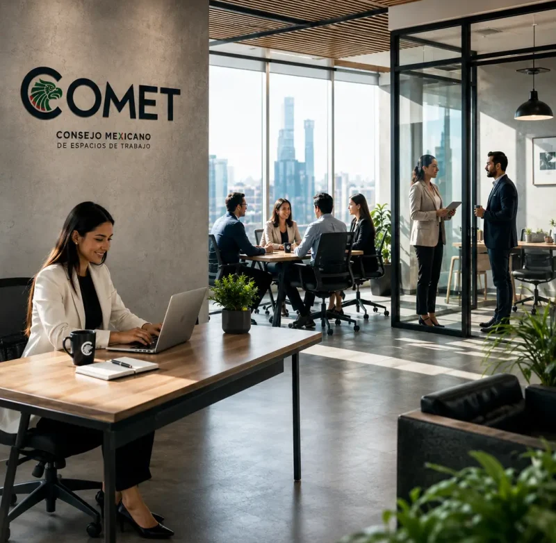 Profesionales trabajando y colaborando en un espacio de trabajo COMET